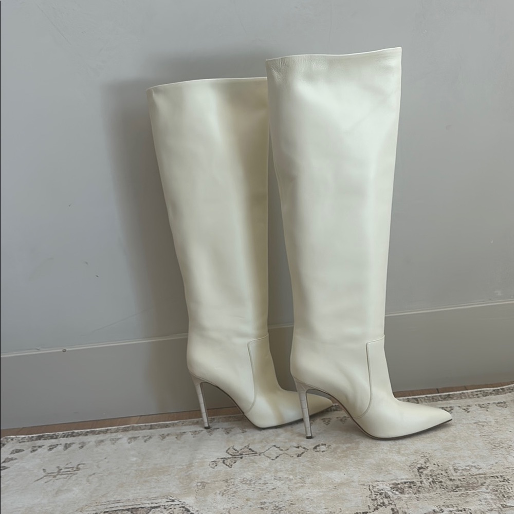 Paris Texas Cream Leather Stiletto Boots with Embossed Lizard Heel